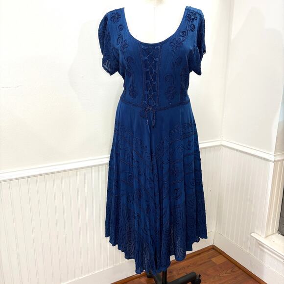 Lapogee Asymmetric Dress Embroidered Lace up Boho Whimsigoth Fairy Renaissance - Picture 1 of 14